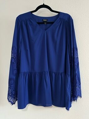 Du Jour Royal Blue V-Neck Peplum Blouse with Lace Sleeves
